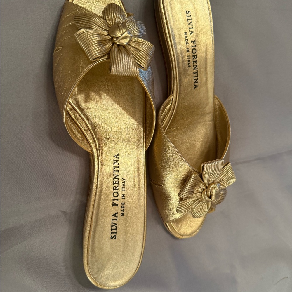 Gold Ballet Flats with Bow Detail and Rounded Toe